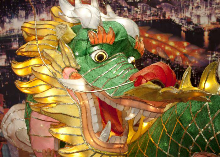 A Chinese-inspired dragon float at the Nagasaki Kunchi Festival in Nagasaki.